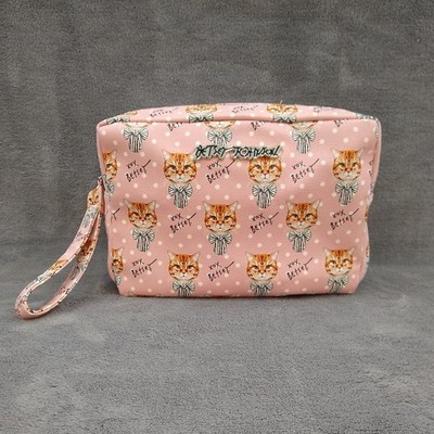 Betsey Johnson Kitty Cat Pink Travel Cosmetic Makeup Toiletry Case Bag Pouch