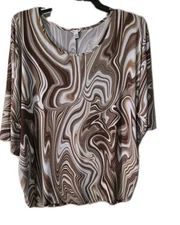 Cato Woman Plus Size 22/24W Short Sleeve Brown & White Swirl Top Blouse Shirt 3X