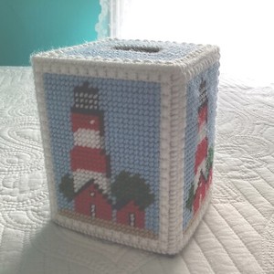 Lighthouse Tissue Box Cover, Boutique Size, Handmade, Needlepoint