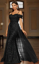 Solid Black Color Party  Banquet Shoulder Sequined Bodycon Dress