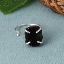 Solid 925 Sterling Silver Natural Raw Black Onyx Adjustable Ring Healing Jewele