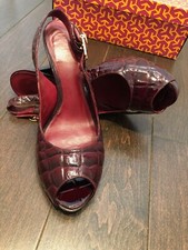Tory Burch Allison Croc Patent  Peep Toe Sling Back Heels, Cranberry,  Sz 7.5M
