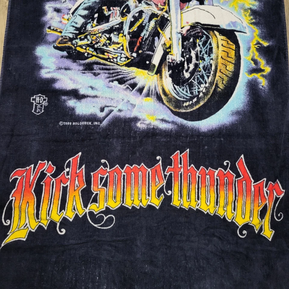 Vintage 1980s Harley Davidson Kick Some Thunder Beach Towel Motorcycle Bath Pool - Image 3 of 4