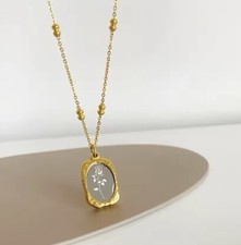 18k Gold Rose Women Necklace Stainless Steel Mirror Square Flower Pendant Chain