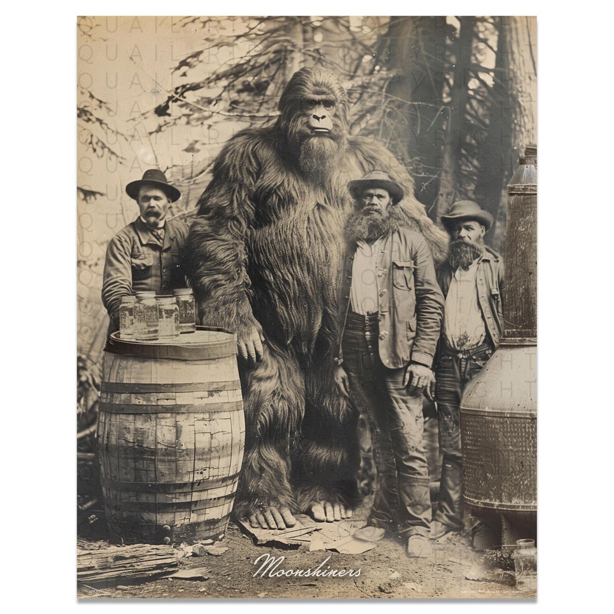 Vintage Sasquatch Bigfoot Art Print Moonshiners Deer Hunting Cabin