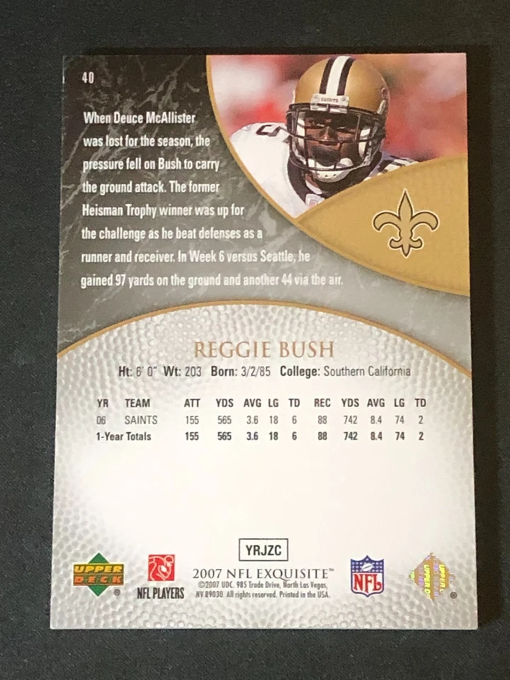 2007 Exquisite REGGIE BUSH #40 Gold Foil/150 New Orleans SAINTS 🏈 USC Trojans - Image 2 of 2