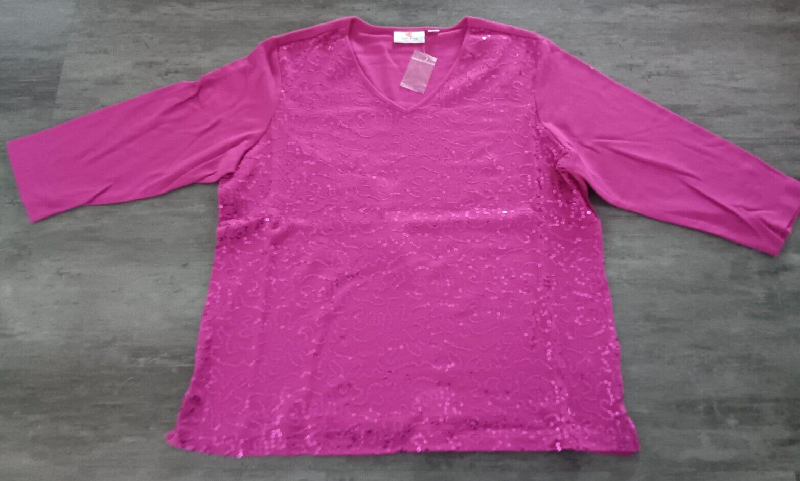 Quacker Factory Women's Pink Sequin Front 3/4 Sleeve V-Neck Top Size XL New