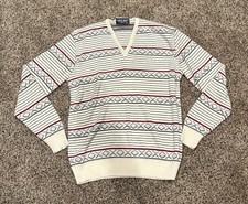Vintage Robert Bruce Sweater Mens XL Beige Striped V Neck Soft, USA Made