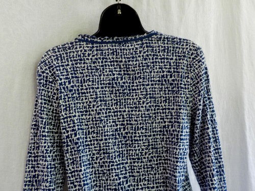 Vintage Liz Claiborne Top Size L NWT Navy Geometric Cotton Long Sleeve Ruffles - Picture 7 of 12