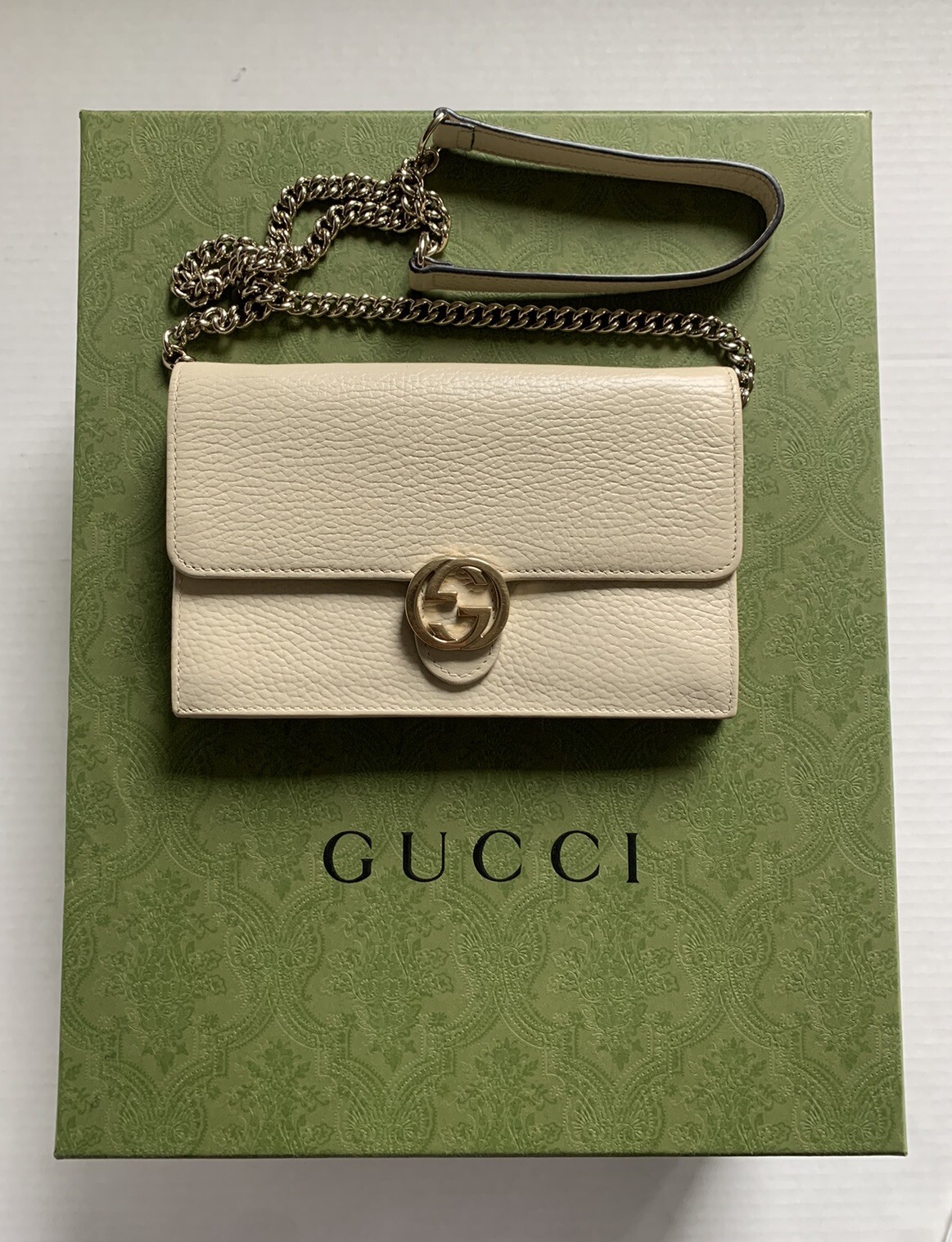 GUCCI Cream Calfskin Wallet with Interlocking G Chain and Dollar Motif  