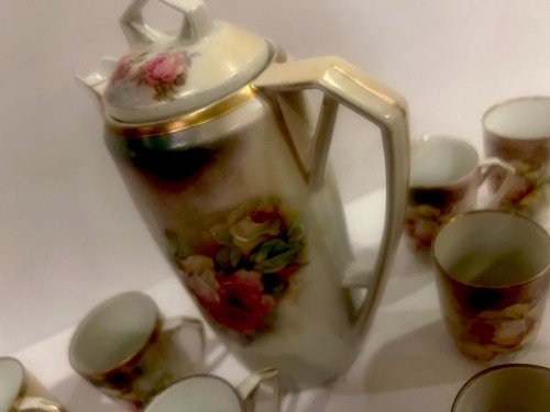 Mid Century Porcelain Bavarian Server & Cups (10) Rose Cabbage Gold Gilt - Picture 11 of 22