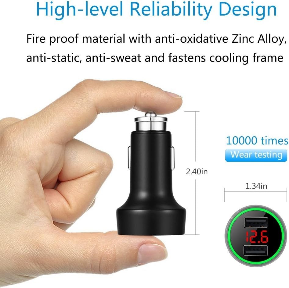 Elegant 24W Dual USB Car Charger with LCD Voltage Meter & LED Display - Black