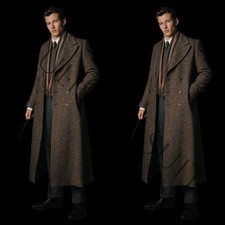 Brown Woolen Retro Men's Overcoat Double Breasted Business Walking Long Jacket