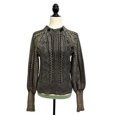 Veronica Beard Black Metallic Gold Yola Foil Cable Knit Puff Sleeve Sweater S