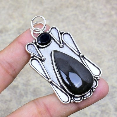 Delighting Silver Sheen Obsidian 925 Sterling Silver Jewelry Pendant 2.34''