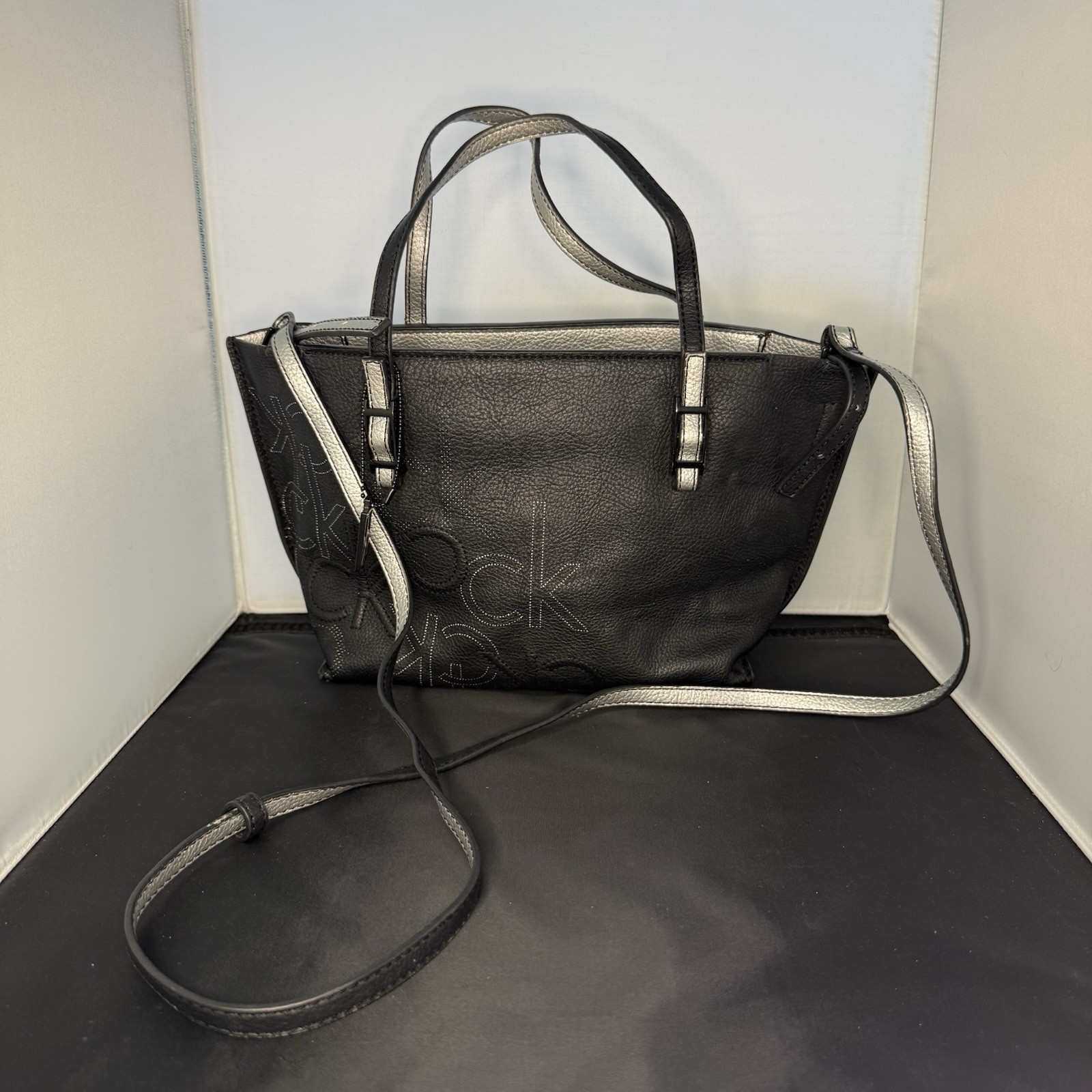 Calvin Klein CK Tote Bag Black Silver Logo Pebbled LeatherCrossbody Satchel
