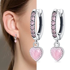 KUNSIR 925 Sterling Silver Pink Heart Drop Earrings For Women Girls Jewelry Gift