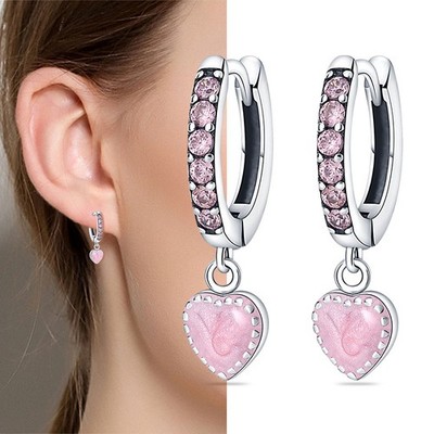 KUNSIR 925 Sterling Silver Pink Love Heart Drop Dangle Hoop Earrings Women Girls