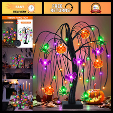 18" LED Halloween Willow Tree with Pumpkins  Bats - Spooky Decor for Parties, U