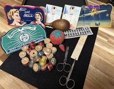 Sewing Notions  Needles Bobbins Darning Egg Scissors Buttons Pincushion Hook