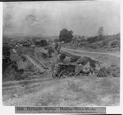 Hydraulic Mining,Hauling Sluice Blocks,Blue Gravel Claim,Smartsville,Nevada Co.