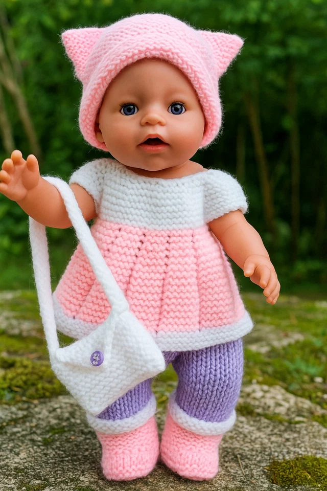 LLAMZ DESIGNS Easy Knitting Pattern Baby Dolls Clothes Hat Top Leggings Boots Bag Beginner 17"