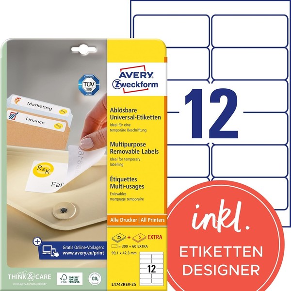 Avery Zweckform Universal-Etiketten 99,1 X 42,3 Mm Weiß 360 Etiketten-image
