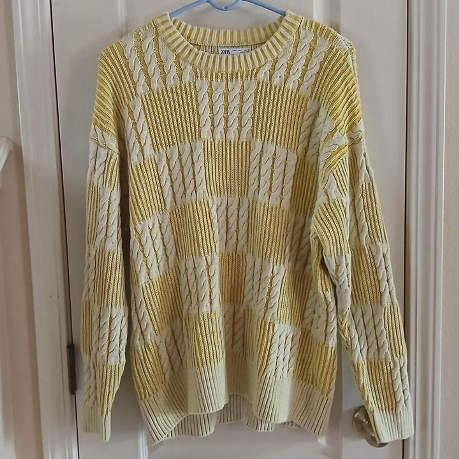 Zara Yellow White Patchwork Chunky Cable Knit Cre… - image 1