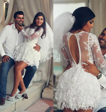 Short Wedding Dresses Bridal Gown with Long Sleeves Jewel Neck Hollow Back Lace
