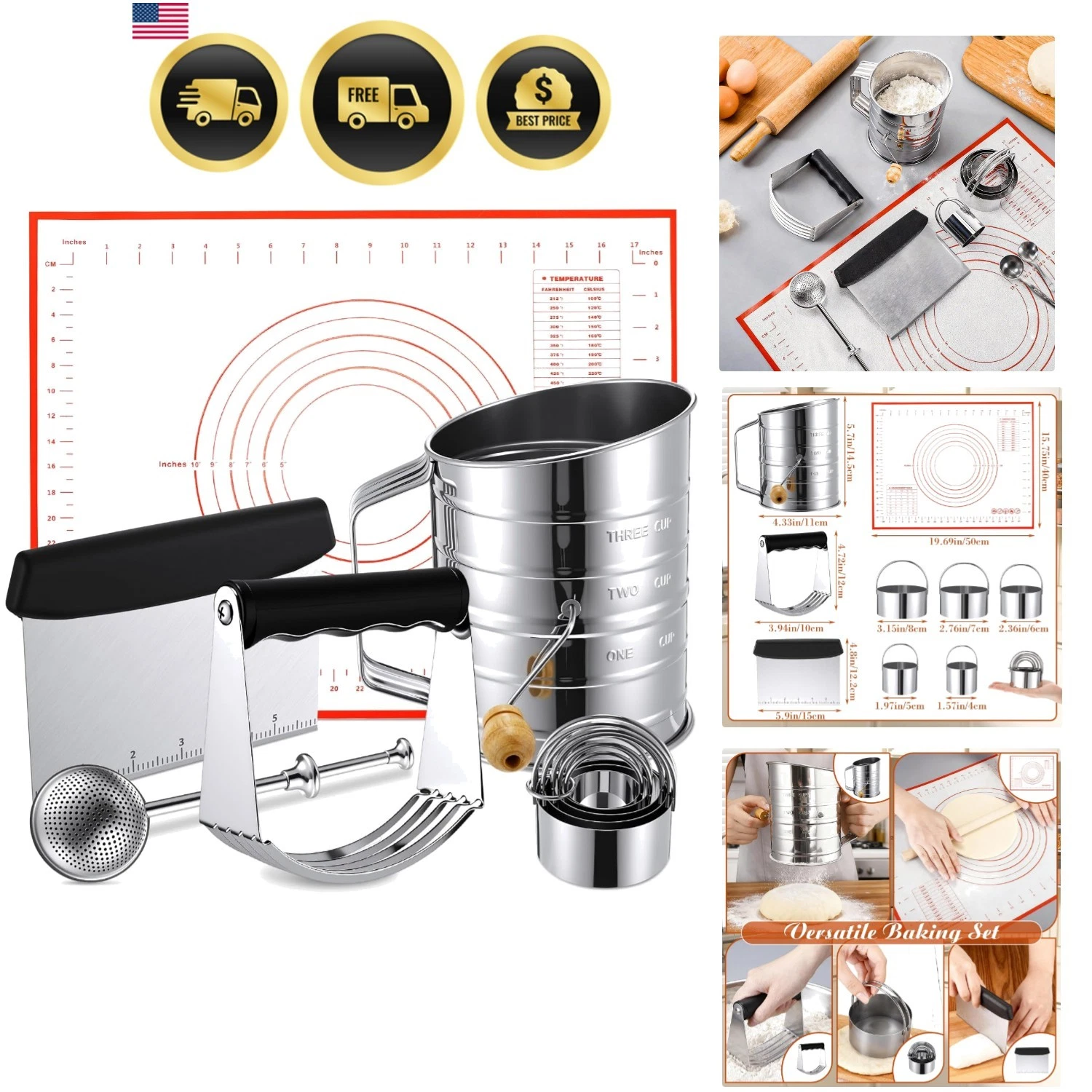 Baking Set Pastry Cutter Biscuit Scrap Dough Scraper Flour Sifter Strainer
Opens in a new window or 