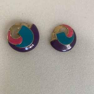 Gold Tone Pink Turquoise Purple Enamel Swirl Stud Earrings Statement 80s E15