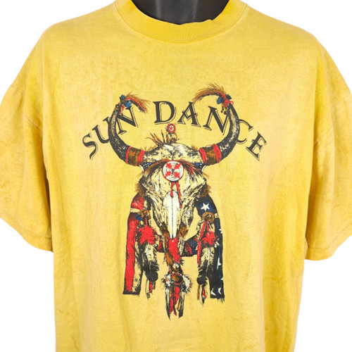 Vintage Sun Dance T Shirt Mens Size XL Yellow 90s Cow Skull Native American