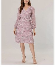 Women's Chiffon Floral Sexy Deep V Neck Tie Waist Bishop Sleeve Casual Wrap Midi
