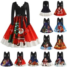 Women Vintage Long Sleeve Christmas 1950s Housewife Evening Party Prom Dress