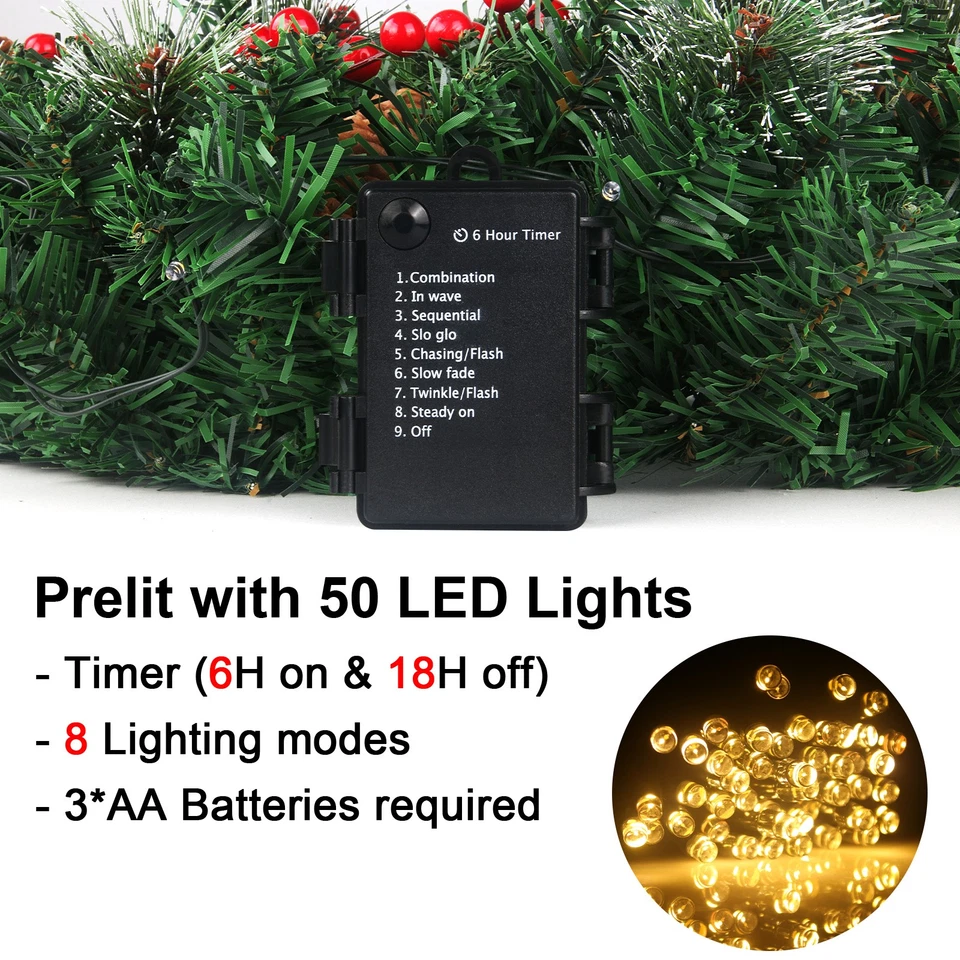 Guirnalda de Navidad prelit de 24 pulgadas que funciona con 50 luces temporizador 8 modos de luz Foto 2 de 4