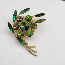 Stunning Vintage Green Rivoli  Rhinestone Brooch Pin Flower Sprig unsigned 