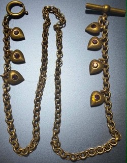 Watch chain: 17" gold plated 7 small amethyst charms T bar (Lot#103)