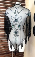 Black Sheer Multicolor Bead Sequin Wrap Shawl Coverup w/ Tassels