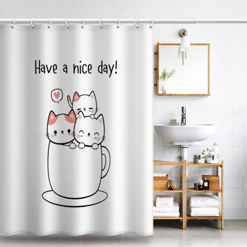 Black And White Cat Bathroom Waterproof Shower Curtain With 12 Hooks Polyester - Picture 2 of 28