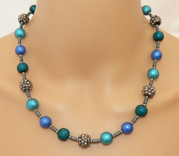 Halskette Perlenkette Glasperlen Emerald Teal TüRkis HäMatit Silber Strass 244C-image