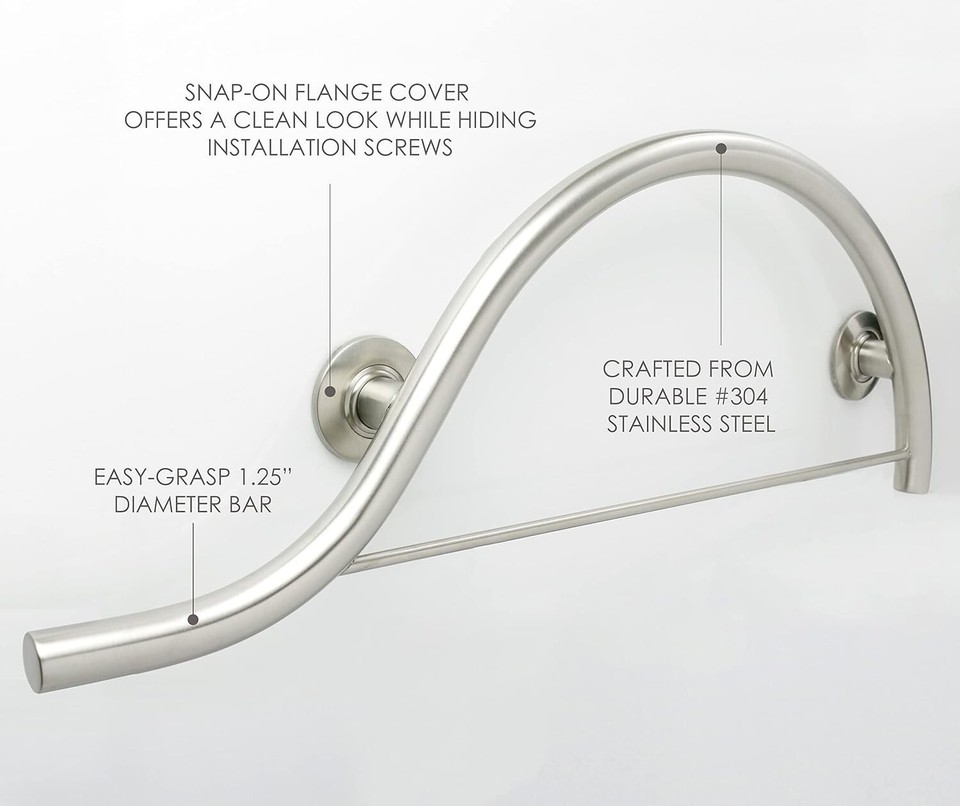 30-inch Curved Shower Grab Bar With Towel Bar - Left-Handed, Satin Finish, ADA Compliant, Supports 250+ Lbs