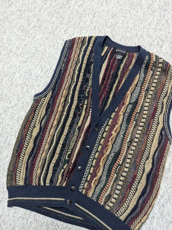 Винтажный 1990-х свитер жилет XL хлопок вязаный абстрактный conte di milano coogi хип-хоп - Изображение 2 из 4