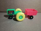 Vintage Fisher Price Little People Green Yellow Farm Tractor & Red Trailer Cart