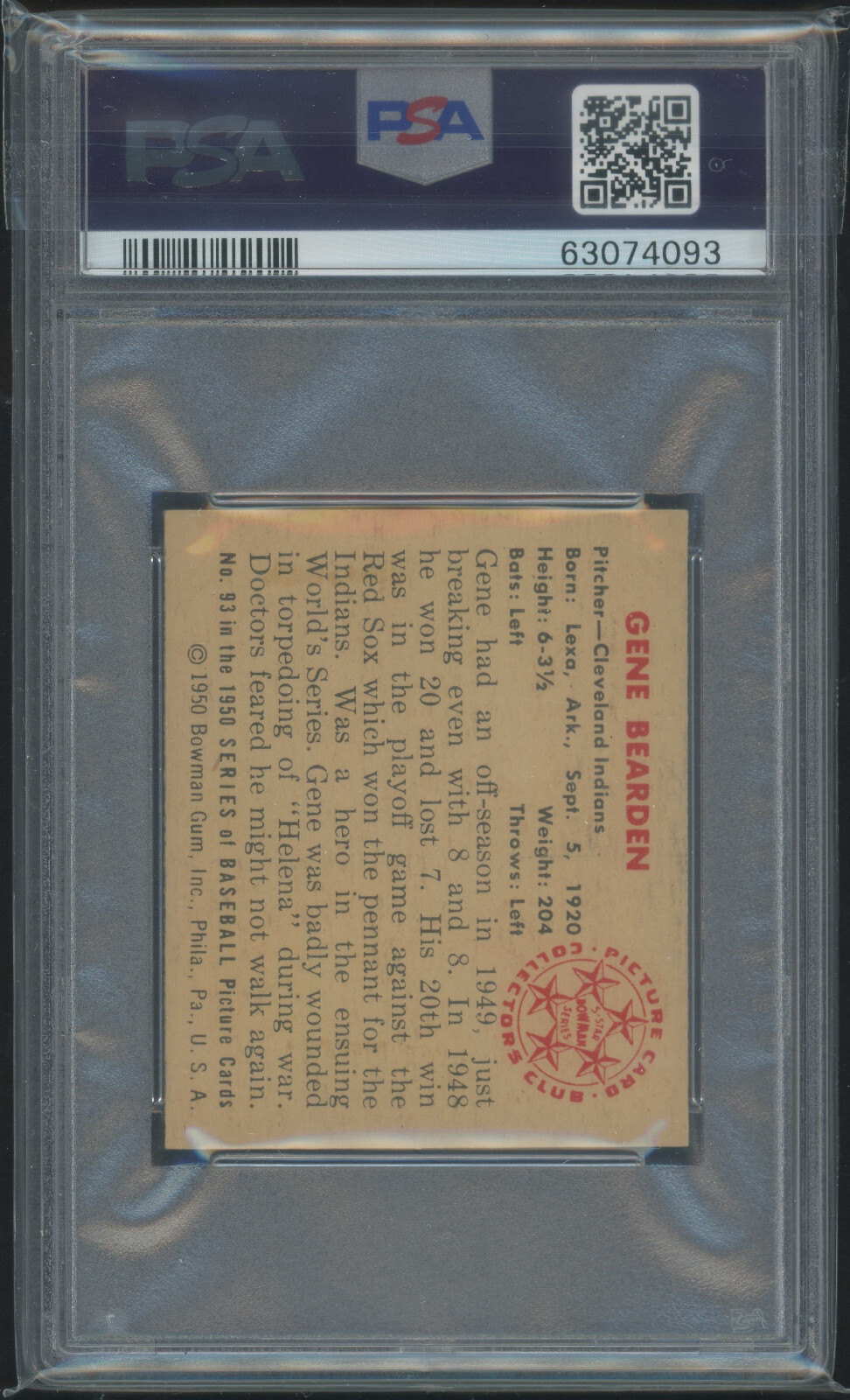 1950 Bowman 93 Gene Bearden Cleveland Indians PSA 6 Vintage Baseball Card view 3