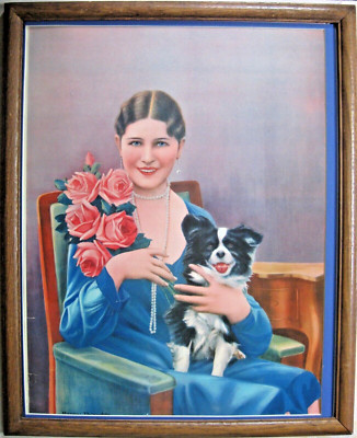 Chromolithograph Portrait ''Happy Thoughts'' Framed Woman & Cute Dog 14 in x 19 in