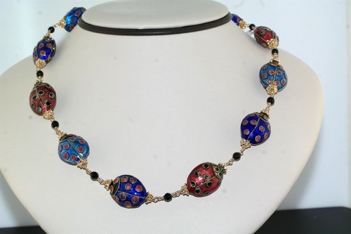 Vtg Multi Color Enamel Ladybug Sterling Silver Gold Vermeil Necklace
