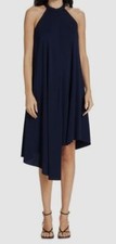 $545 Halston Women's Blue Marie Asymmetric Sleeveless Halter Dress Size 10