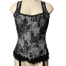 FREDERICK  S OF HOLLYWOOD sz 36 Y2K Corset Halter Top Garter Straps Black Gray