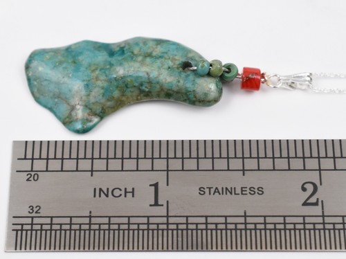 Freeform Genuine Turquoise Pendant Oxblood Coral Bail Sterling Silver 18in Chain - Picture 4 of 14