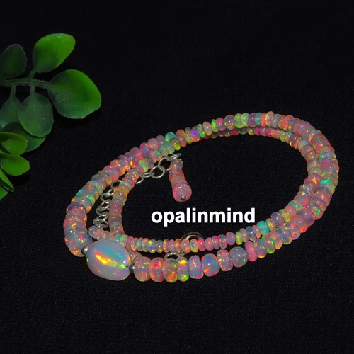 Natural Ethiopian opal gemstone tumble necklace in silver opal beaded necklace